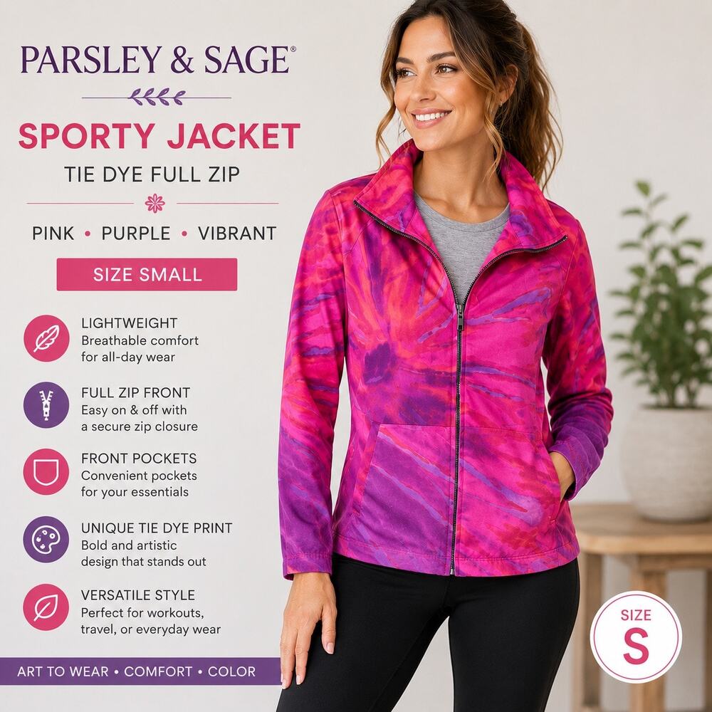 Parsley & Sage Jacket Small Pink Purple Abstract Tie Dye Full Zip Lightweight